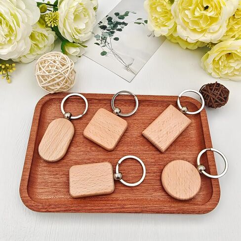 50PCS Wood Engraving Blanks Key Chain，Wood Keychain Blanks，Assorted Unfinished Wooden Key Tag Key Ring for DIY Gift Crafts Christmas Ornaments Laser (50) in Kuwait