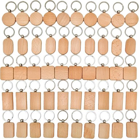50PCS Wood Engraving Blanks Key Chain，Wood Keychain Blanks，Assorted Unfinished Wooden Key Tag Key Ring for DIY Gift Crafts Christmas Ornaments Laser (50) in Kuwait