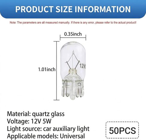 50PCS T10 12V 5W Flat Foot Mini Bulbs, Quartz Glass Automotive Lighting Components, for Vehicle Brake Turn Signal Instrument Width Indicator Lights, Auto Lighting Replacement Accessories in Saudi Arabia