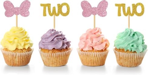 Bow Two Cupcake Toppers/Girls Children 2nd Birthday Cupcake Toppers/Twins 2nd Birthday/Twodles Party Decorations/Glitter - 24 Pcs in Saudi Arabia