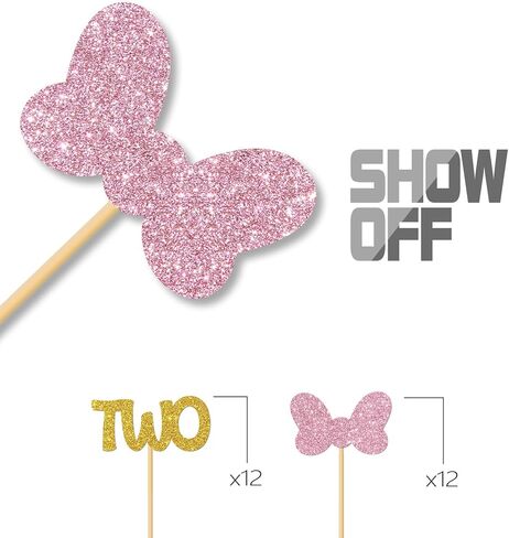 Bow Two Cupcake Toppers/Girls Children 2nd Birthday Cupcake Toppers/Twins 2nd Birthday/Twodles Party Decorations/Glitter - 24 Pcs in Saudi Arabia