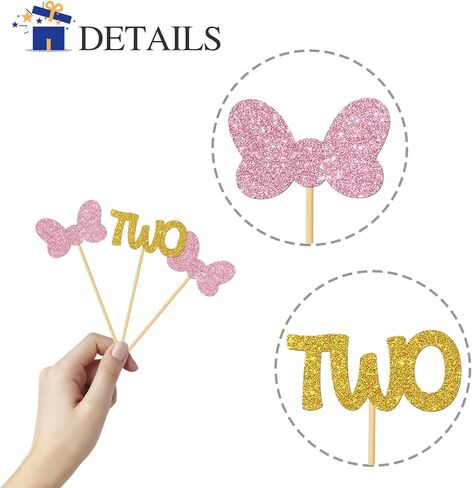 Bow Two Cupcake Toppers/Girls Children 2nd Birthday Cupcake Toppers/Twins 2nd Birthday/Twodles Party Decorations/Glitter - 24 Pcs in Saudi Arabia
