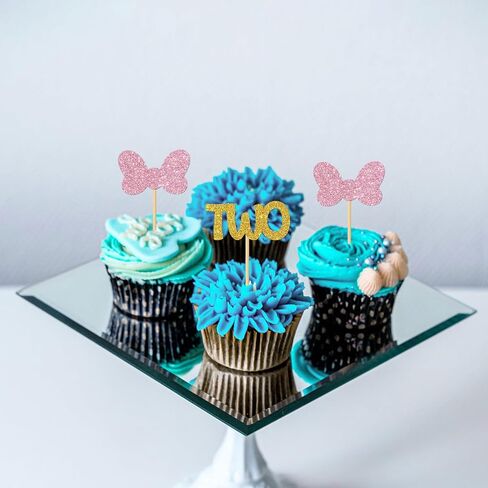 Bow Two Cupcake Toppers/Girls Children 2nd Birthday Cupcake Toppers/Twins 2nd Birthday/Twodles Party Decorations/Glitter - 24 Pcs in Saudi Arabia