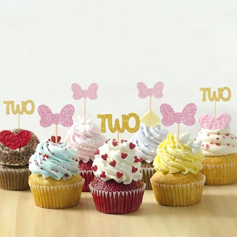 Bow Two Cupcake Toppers/Girls Children 2nd Birthday Cupcake Toppers/Twins 2nd Birthday/Twodles Party Decorations/Glitter - 24 Pcs in Saudi Arabia