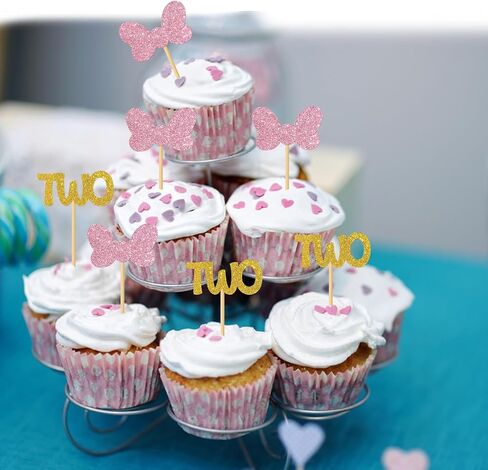 Bow Two Cupcake Toppers/Girls Children 2nd Birthday Cupcake Toppers/Twins 2nd Birthday/Twodles Party Decorations/Glitter - 24 Pcs in Saudi Arabia