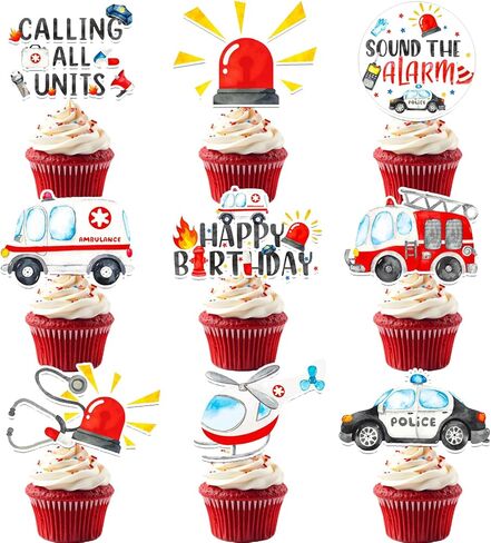 Emergency Vehicle Cupcake Toppers 48 Pieces Fire Truck Police Birthday Cake Picks Sound The Alarm Theme Party Decorations Emergency Ambulance Cake Decoration for Boys Rescue Party Baby Shower Supplies in Kuwait