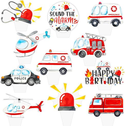 Emergency Vehicle Cupcake Toppers 48 Pieces Fire Truck Police Birthday Cake Picks Sound The Alarm Theme Party Decorations Emergency Ambulance Cake Decoration for Boys Rescue Party Baby Shower Supplies in Kuwait
