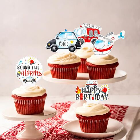 Emergency Vehicle Cupcake Toppers 48 Pieces Fire Truck Police Birthday Cake Picks Sound The Alarm Theme Party Decorations Emergency Ambulance Cake Decoration for Boys Rescue Party Baby Shower Supplies in Kuwait