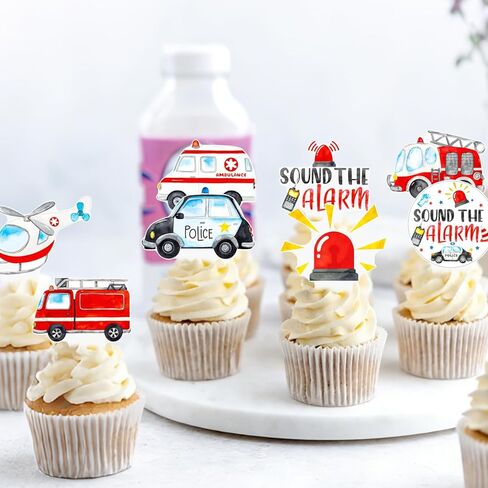 Emergency Vehicle Cupcake Toppers 48 Pieces Fire Truck Police Birthday Cake Picks Sound The Alarm Theme Party Decorations Emergency Ambulance Cake Decoration for Boys Rescue Party Baby Shower Supplies in Kuwait