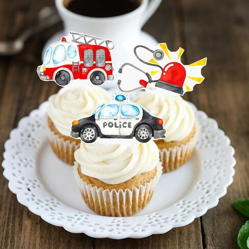 Emergency Vehicle Cupcake Toppers 48 Pieces Fire Truck Police Birthday Cake Picks Sound The Alarm Theme Party Decorations Emergency Ambulance Cake Decoration for Boys Rescue Party Baby Shower Supplies in Kuwait