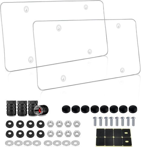 2 Pack License Plate Covers - Clear License Plate Protector, Unbreakable Transparency Plastic Car Tag Cover for Universal Vehicles, Front Rear Fit with Screws & Caps (with Tire Valve Caps) in Kuwait