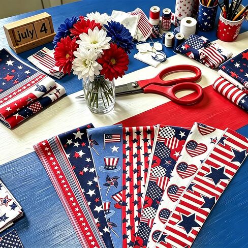 40 Pcs 2.6 x 40'' Jelly Roll Fabric for 4th of July, Patriotic Quilting Fabric Roll, Red White Blue Star Precut Strips Patchwork for Memorial Day Quilting Cloth Sewing DIY Craft, 20 Styles in Saudi Arabia