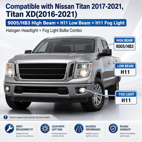 متوافق مع Nissan Titan 2017-2021، Titan XD(2016-2021) لمبات الهالوجين الأمامية + مجموعة مصابيح الضباب، 9005/HB3 شعاع عالٍ H11 شعاع منخفض H11 فوجلايت، لون أبيض شفاف ناعم، التوصيل والتشغيل، حزمة من 6 قطع in Kuwait