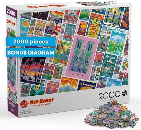 Buffalo Games Red Robot Vintage Posters 2000 Piece Jigsaw Puzzle - Multicolor, 38.5 x 26.5 in - Adult Puzzle - Bonus Poster Included - Precision Cut Pieces in Kuwait