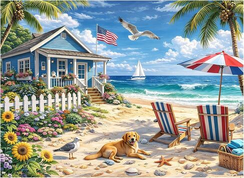 500 Piece Jigsaw Puzzle for Adults, Beach Seaside Puzzle with House Sunflowers Dogs Seagulls, Coastal Landscape Puzzles 500 Piece for Seniors Teens, Funny Relaxing Family Puzzles Gift 20.5 x 15 in in Saudi Arabia