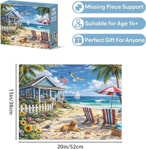 500 Piece Jigsaw Puzzle for Adults, Beach Seaside Puzzle with House Sunflowers Dogs Seagulls, Coastal Landscape Puzzles 500 Piece for Seniors Teens, Funny Relaxing Family Puzzles Gift 20.5 x 15 in in Saudi Arabia