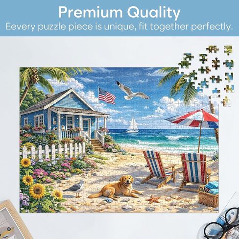 500 Piece Jigsaw Puzzle for Adults, Beach Seaside Puzzle with House Sunflowers Dogs Seagulls, Coastal Landscape Puzzles 500 Piece for Seniors Teens, Funny Relaxing Family Puzzles Gift 20.5 x 15 in in Saudi Arabia