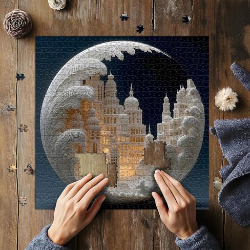 Impossible Landscape Puzzles for Adults 1000 Pieces,White Paper Cut Art Cityscape Moon Architecture Puzzles,Unique Buildings Jigsaw Puzzle Challenge in Saudi Arabia
