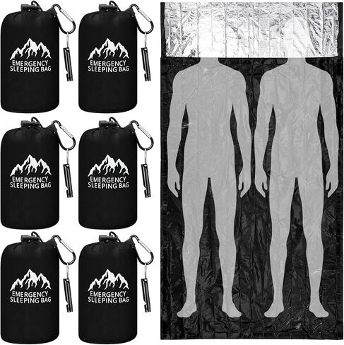 Oudain 6 Pcs XL Emergency Sleeping Bag 94.5" x 49.2" Waterproof Survival Sleeping Bag with Whistle Carabiner Portable Thermal Bivy Sack, Emergency Blankets for Camping Hiking Outdoor Activities in Saudi Arabia