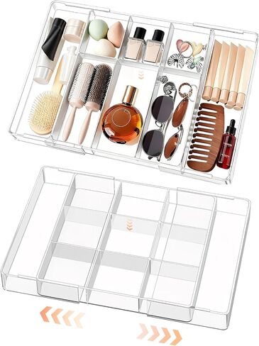 Acrylic Expandable Desk Drawer Organizer with 11 Adjustable Compartments and 6 Removable Dividers Desk Accessories for Office Kitchen Bathroom Makeup and Utensil Junk Storage (Clear, 2Pcs) in Saudi Arabia