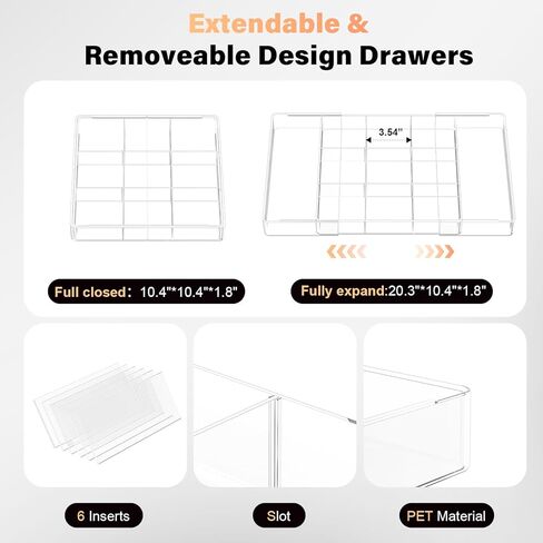 Acrylic Expandable Desk Drawer Organizer with 11 Adjustable Compartments and 6 Removable Dividers Desk Accessories for Office Kitchen Bathroom Makeup and Utensil Junk Storage (Clear, 2Pcs) in Saudi Arabia