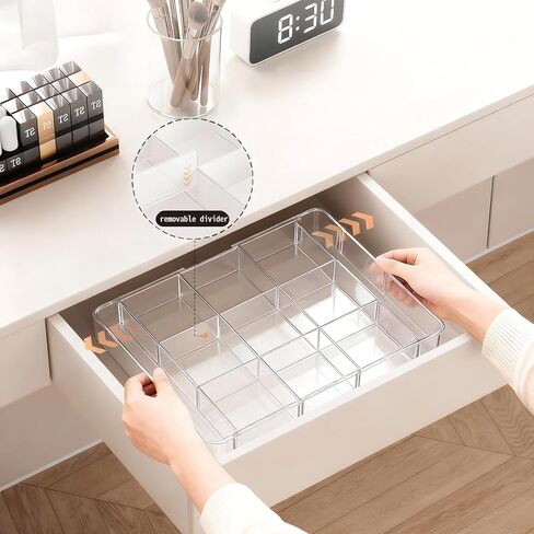 Acrylic Expandable Desk Drawer Organizer with 11 Adjustable Compartments and 6 Removable Dividers Desk Accessories for Office Kitchen Bathroom Makeup and Utensil Junk Storage (Clear, 2Pcs) in Saudi Arabia