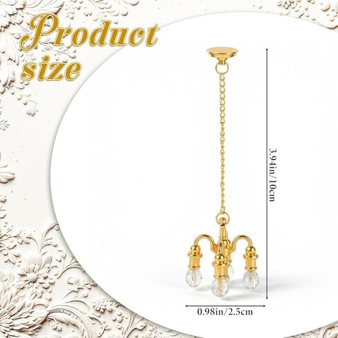 Dollhouse Chandelier, 1:12 Scale Doll House Lights, 5-Arm Hanging Alloy Chandelier, Pendant Luxury Decor Tiny Chandelier, Mini Chandelier for Dollhouse, Zinc Alloy and Crystal, Gold in Kuwait
