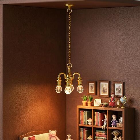 Dollhouse Chandelier, 1:12 Scale Doll House Lights, 5-Arm Hanging Alloy Chandelier, Pendant Luxury Decor Tiny Chandelier, Mini Chandelier for Dollhouse, Zinc Alloy and Crystal, Gold in Kuwait