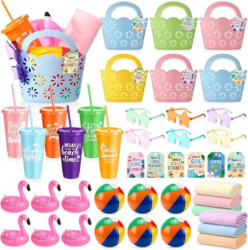 Realspring 6 Set Summer Pool Party Favors End of Year Gifts Bulk Tote Basket Beach Balls Sunglasses Cups Beach Towels Inflatable Drink Holder Card for Summer Pool Party End of Year Graduation Gifts in Kuwait