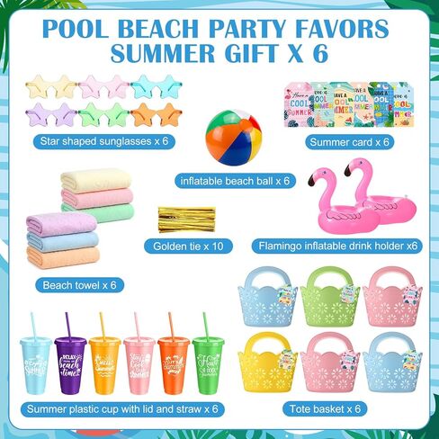 Realspring 6 Set Summer Pool Party Favors End of Year Gifts Bulk Tote Basket Beach Balls Sunglasses Cups Beach Towels Inflatable Drink Holder Card for Summer Pool Party End of Year Graduation Gifts in Kuwait