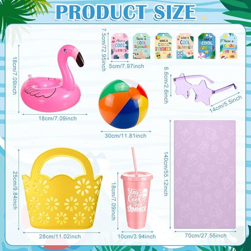 Realspring 6 Set Summer Pool Party Favors End of Year Gifts Bulk Tote Basket Beach Balls Sunglasses Cups Beach Towels Inflatable Drink Holder Card for Summer Pool Party End of Year Graduation Gifts in Kuwait