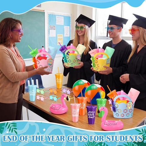 Realspring 6 Set Summer Pool Party Favors End of Year Gifts Bulk Tote Basket Beach Balls Sunglasses Cups Beach Towels Inflatable Drink Holder Card for Summer Pool Party End of Year Graduation Gifts in Kuwait