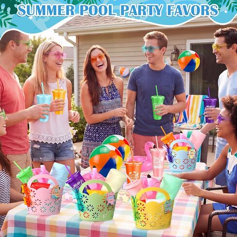 Realspring 6 Set Summer Pool Party Favors End of Year Gifts Bulk Tote Basket Beach Balls Sunglasses Cups Beach Towels Inflatable Drink Holder Card for Summer Pool Party End of Year Graduation Gifts in Kuwait