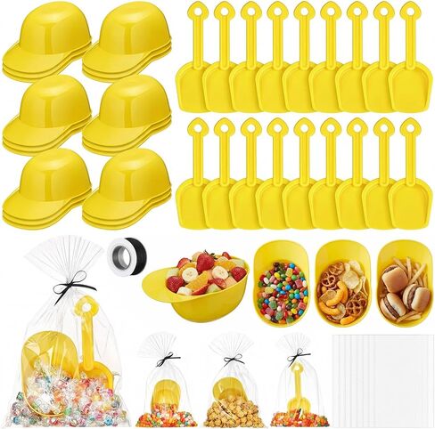Liitrsh 73 Pcs/18 Sets Construction Party Favors Including Small Hard Hat Snack Ice Cream Bowl and Shovel Construction Gifts Soft Plastic Building Birthday Party Gifts with Transparent Bags in Kuwait