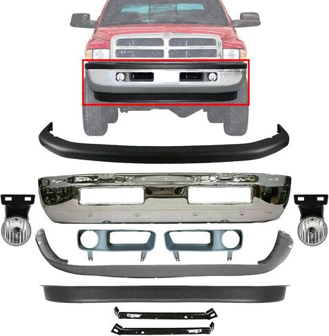 Front Bumper Chrome + Upper & Lower Cover + Valance + Outer Brackets + Fog Lamp Left Driver & Right Passenger Side Direct Replacement For 1994-2001 Dodge Ram 1500/1994-2002 Ram 2500 3500 in Saudi Arabia