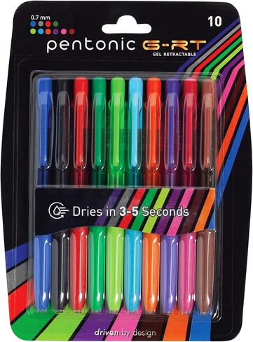 Pentonic GR-T Retractable Gel Pens, 10 Count, 10 Colors, 0.7 mm Fine Point Tip, Ergonomic Grip, Smooth Writing For Journaling, Pens for School & the Office (1016845) in Kuwait