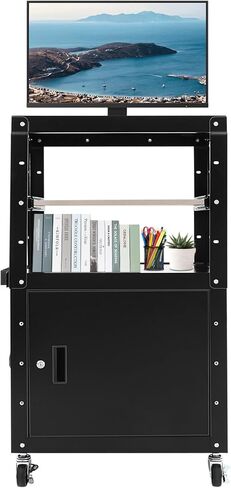Height-Adjustable AV Cart with Power Strip – 77lbs Capacity Mobile Stand for Projector, Printer, Laptop – Lockable Cabinet, 31.5-43in – Black Steel Office Cart for Classroom, Conference Room in Saudi Arabia