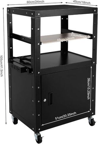 Height-Adjustable AV Cart with Power Strip – 77lbs Capacity Mobile Stand for Projector, Printer, Laptop – Lockable Cabinet, 31.5-43in – Black Steel Office Cart for Classroom, Conference Room in Saudi Arabia