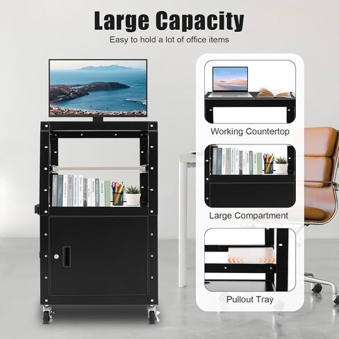 Height-Adjustable AV Cart with Power Strip – 77lbs Capacity Mobile Stand for Projector, Printer, Laptop – Lockable Cabinet, 31.5-43in – Black Steel Office Cart for Classroom, Conference Room in Saudi Arabia