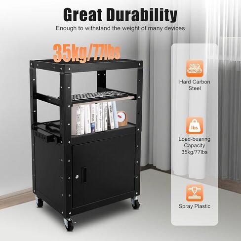 Height-Adjustable AV Cart with Power Strip – 77lbs Capacity Mobile Stand for Projector, Printer, Laptop – Lockable Cabinet, 31.5-43in – Black Steel Office Cart for Classroom, Conference Room in Saudi Arabia