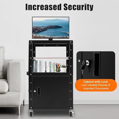 Height-Adjustable AV Cart with Power Strip – 77lbs Capacity Mobile Stand for Projector, Printer, Laptop – Lockable Cabinet, 31.5-43in – Black Steel Office Cart for Classroom, Conference Room in Saudi Arabia