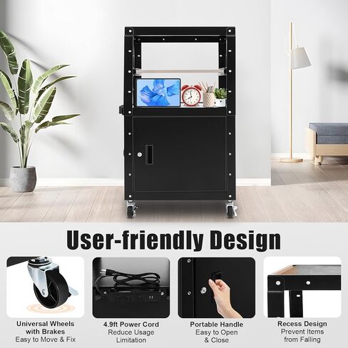 Height-Adjustable AV Cart with Power Strip – 77lbs Capacity Mobile Stand for Projector, Printer, Laptop – Lockable Cabinet, 31.5-43in – Black Steel Office Cart for Classroom, Conference Room in Saudi Arabia