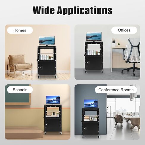 Height-Adjustable AV Cart with Power Strip – 77lbs Capacity Mobile Stand for Projector, Printer, Laptop – Lockable Cabinet, 31.5-43in – Black Steel Office Cart for Classroom, Conference Room in Saudi Arabia