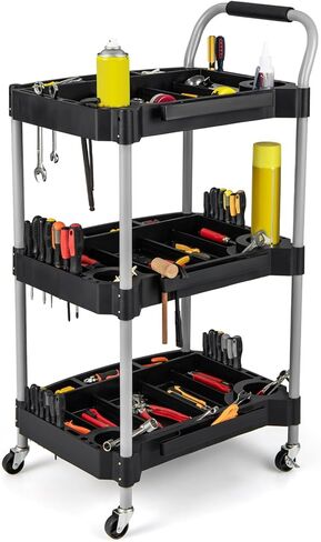S AFSTAR 3 Tier Rolling Tool Cart, Rustproof Metal Utility Cart w/Handle, Tool Storage Slot, Universal Wheels, Heavy Duty Cart Organizer for Garage, Barbershop, Beauty Salon, Workshop in Saudi Arabia