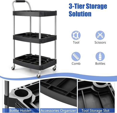 S AFSTAR 3 Tier Rolling Tool Cart, Rustproof Metal Utility Cart w/Handle, Tool Storage Slot, Universal Wheels, Heavy Duty Cart Organizer for Garage, Barbershop, Beauty Salon, Workshop in Saudi Arabia