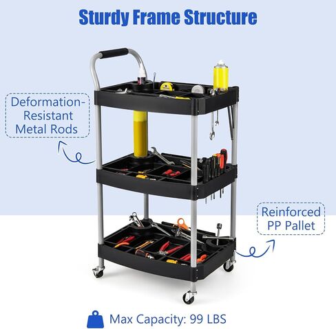 S AFSTAR 3 Tier Rolling Tool Cart, Rustproof Metal Utility Cart w/Handle, Tool Storage Slot, Universal Wheels, Heavy Duty Cart Organizer for Garage, Barbershop, Beauty Salon, Workshop in Saudi Arabia