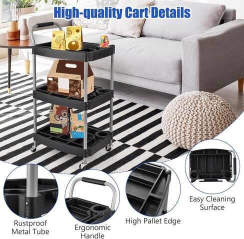 S AFSTAR 3 Tier Rolling Tool Cart, Rustproof Metal Utility Cart w/Handle, Tool Storage Slot, Universal Wheels, Heavy Duty Cart Organizer for Garage, Barbershop, Beauty Salon, Workshop in Saudi Arabia