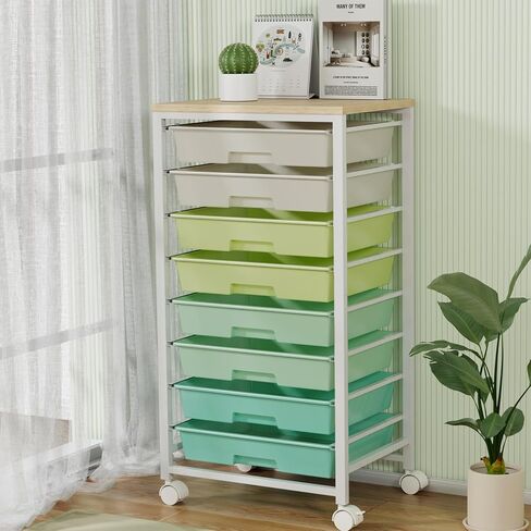 Rolling Storage Cart with 8 Drawers & Wooden Tabletop, Utility Cart On Wheels for Craft Storage, Home, School, Bedroom, Living Room, Dorm, Office, Classroom Storage Organizer Cart, Green, White in Saudi Arabia