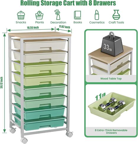 Rolling Storage Cart with 8 Drawers & Wooden Tabletop, Utility Cart On Wheels for Craft Storage, Home, School, Bedroom, Living Room, Dorm, Office, Classroom Storage Organizer Cart, Green, White in Saudi Arabia