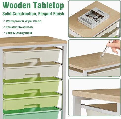 Rolling Storage Cart with 8 Drawers & Wooden Tabletop, Utility Cart On Wheels for Craft Storage, Home, School, Bedroom, Living Room, Dorm, Office, Classroom Storage Organizer Cart, Green, White in Saudi Arabia